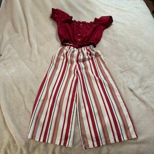 Two Piece Pant Set Burgundy Top and Striped Pants Size 100 (3T)